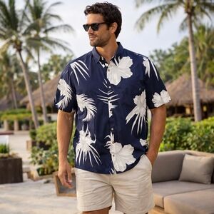 Billabong Navy and White Floral Short-Sleeve Button-Down Shirt